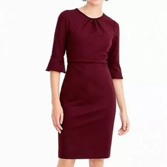 NWT JCREW Bell-sleeve Sheath Stretch Ponte Dress Dark Cranberry Size 12 - Picture 4 of 11